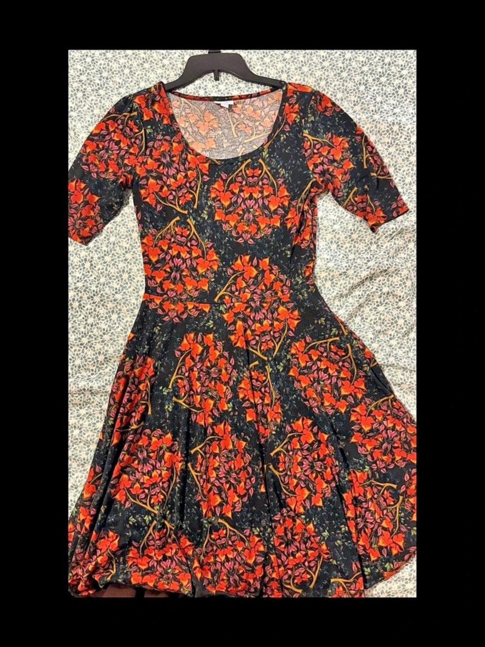 LuLaRoe Nicole Floral Midi Dress Black & Orange Medium
